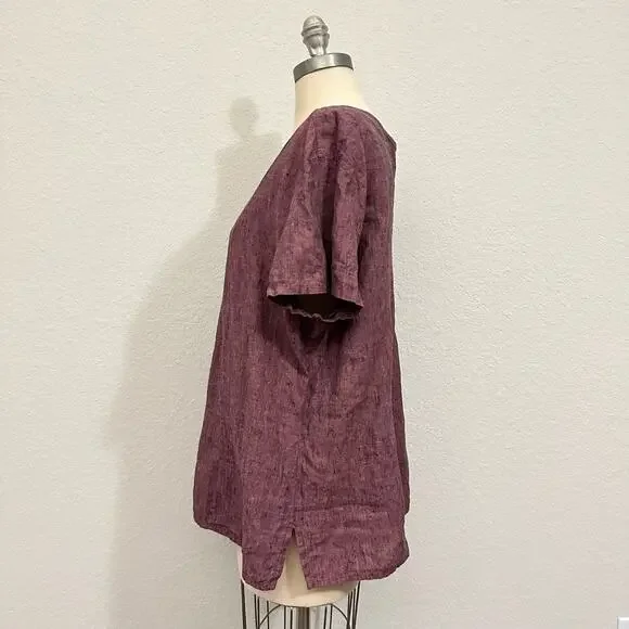FLAX Tunic Top Burgundy Relaxed Fit Boxy Linen SS Minimalist Lagenlook - Picture 6 of 9